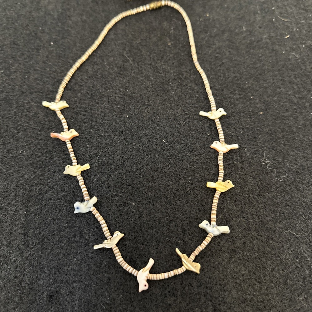 Native Zuni 1960's  Multistone & Pukka Shell Fetish Necklace Multicolored Birds